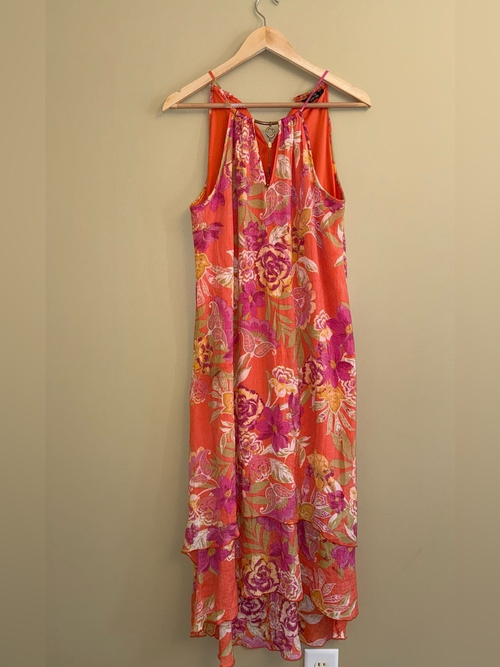 Floral Maxi Halter Dress Gold Accents M Thin Strap Resort Flowy Tiered Feminine